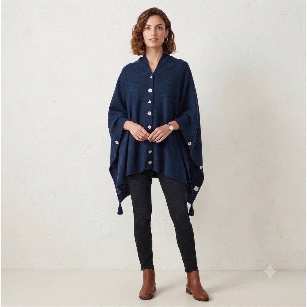 Crosstree Lane Navy Blue Cotton Knit Button Front Tassel Poncho Wrap One size